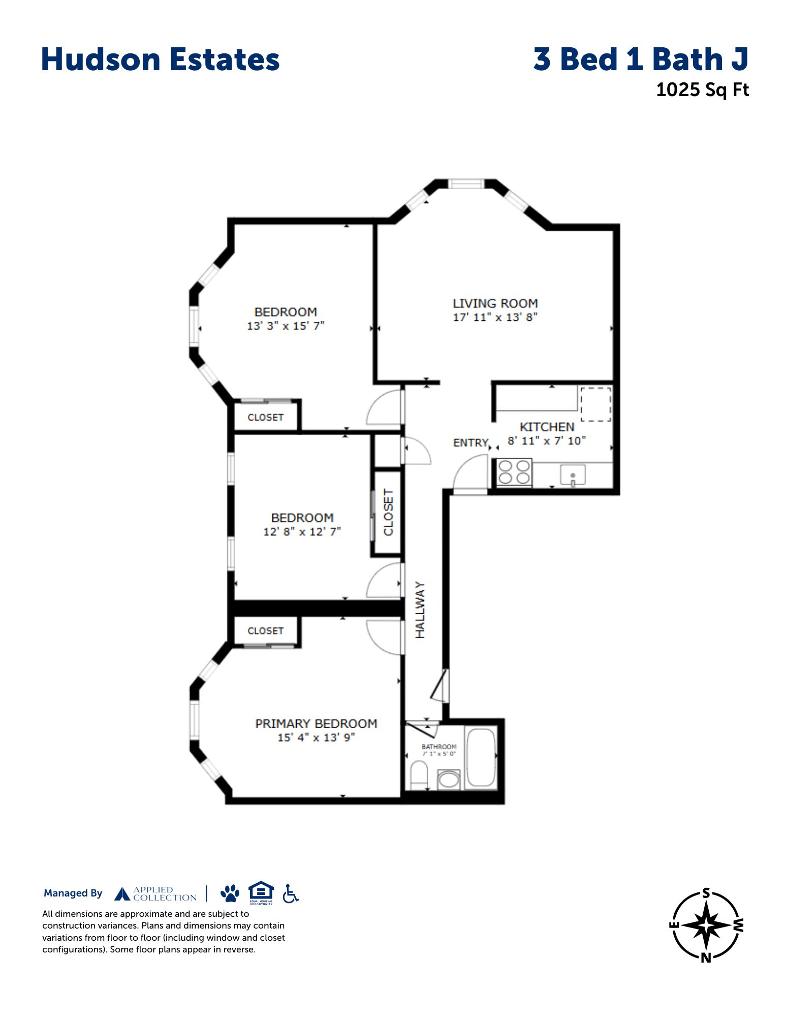 Floor plan for 3 beds, 1 bath, 1025 sqft
